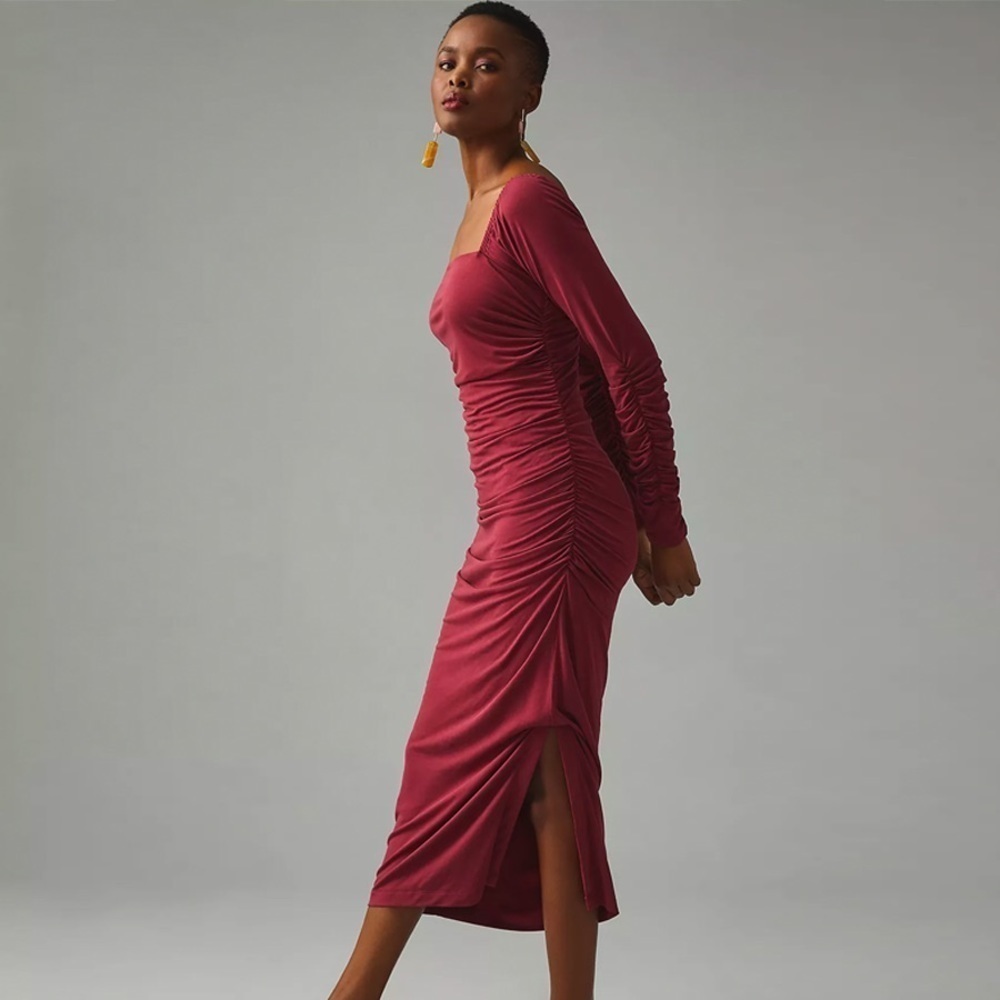 NWT - Anthropologie - by Anthropologie - Ruched Square-Neck Dress - Wine